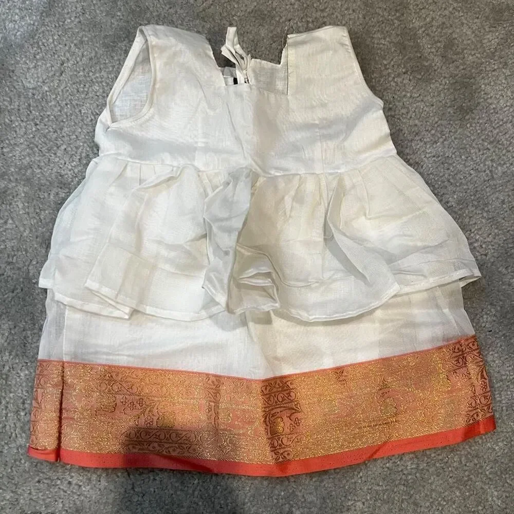 Girl White Indian-style baby dress tiered ruffle bodice, traditional gold-border